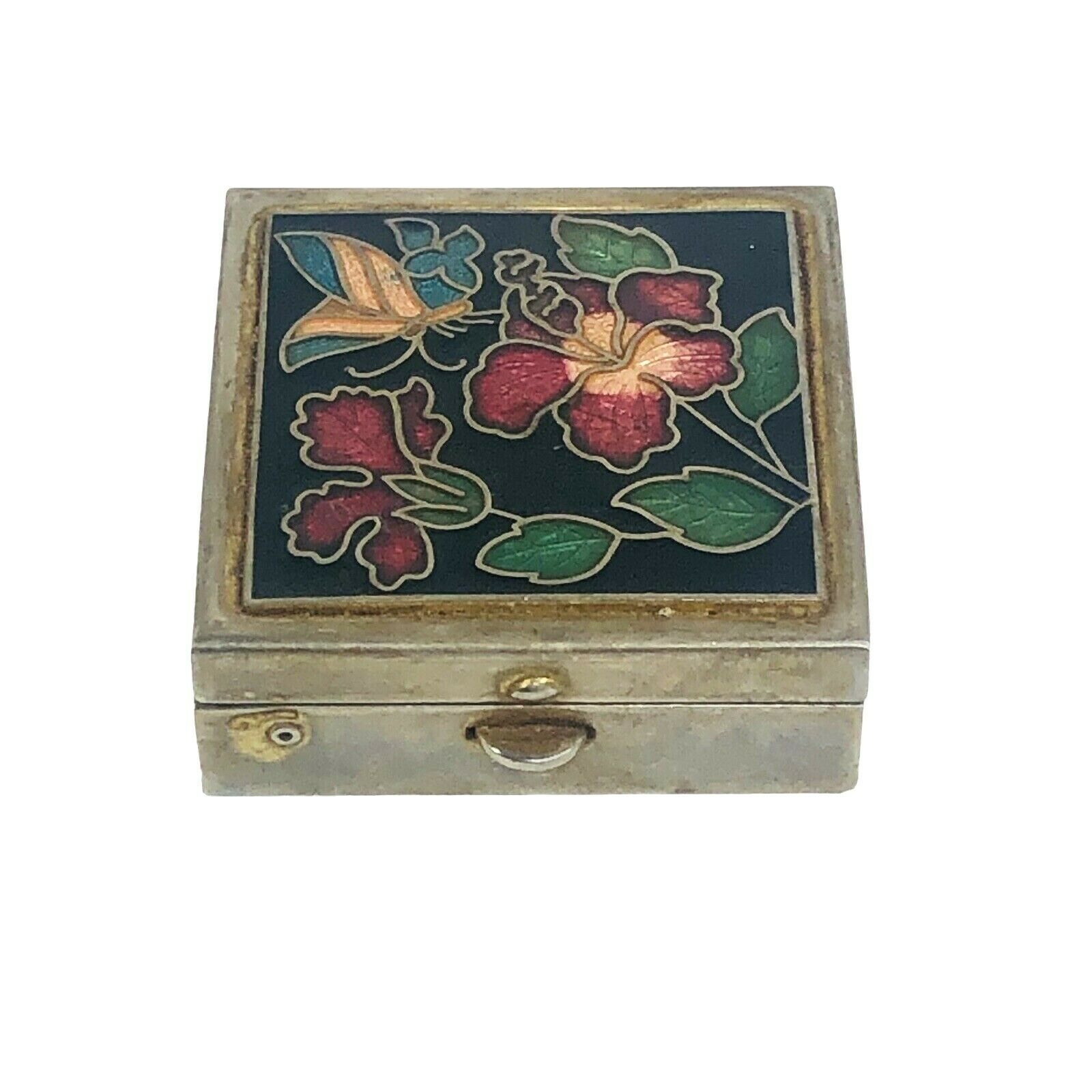 Vintage Miniature Cloisonné Enameled Trinket Floral Butterfly Pill Box 1 3/4"