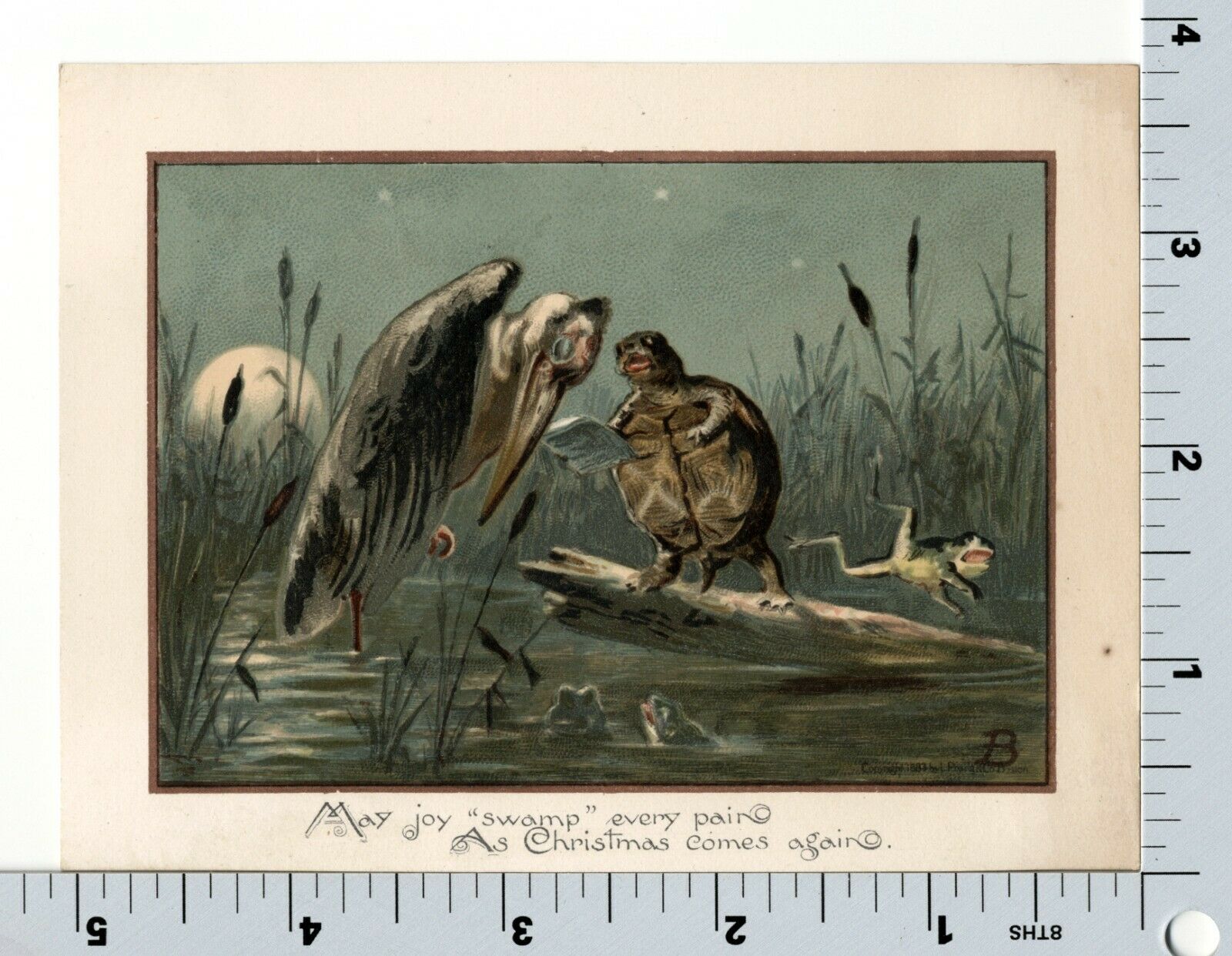 Victorian Christmas Card - Prang 1883 - Frog Turtle Stork In Swamp