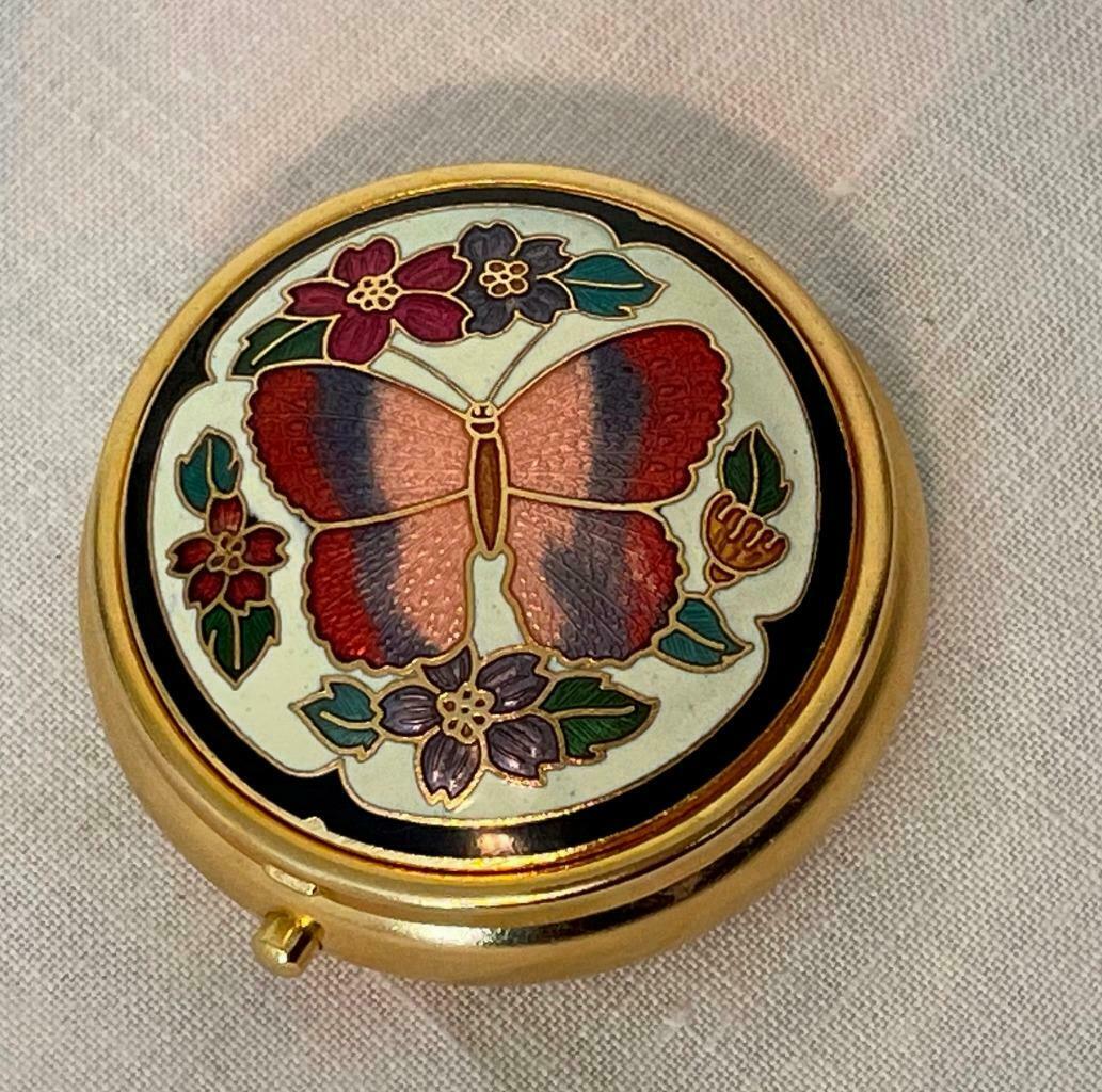 Vintage Butterfly Flowers Pill Box - 3 Sections - Cloisonne Goldtone