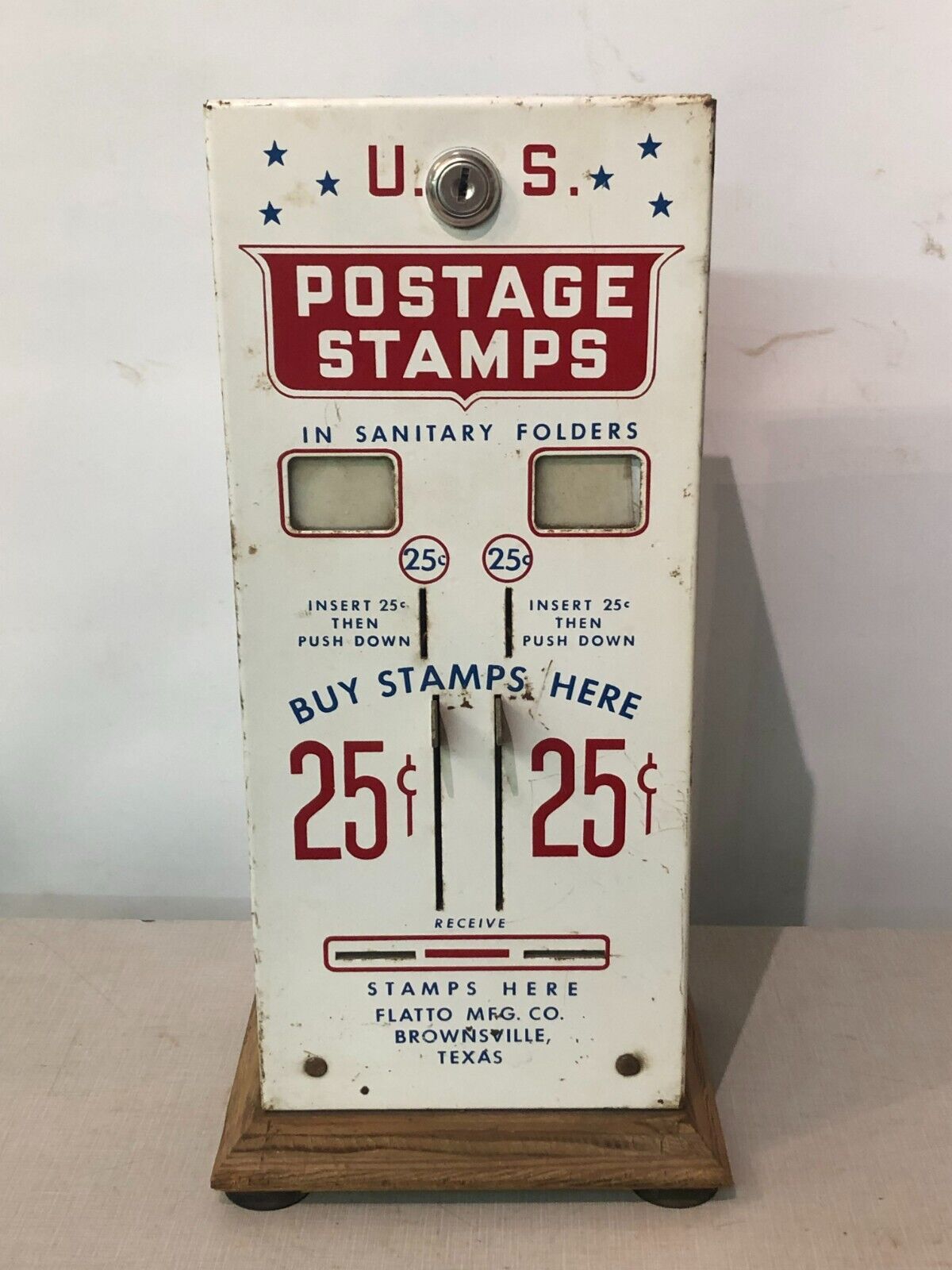 Vintage Metal Us Mail Postage Stamp Vending Machine Dispenser Coin 25/25 Cent