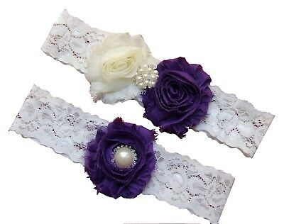 Purple & White Wedding Garter Set Keep + Toss Garters Lace Bow Pearl Rhinestone
