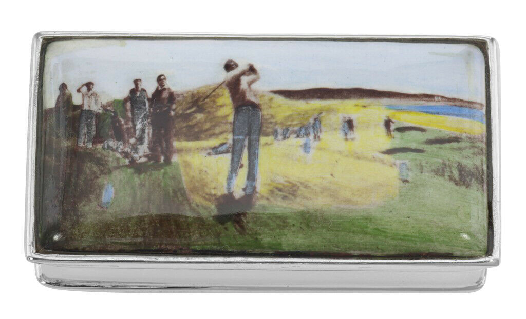 Porcelain Top Golf Pillbox - Sterling Silver Pill Box