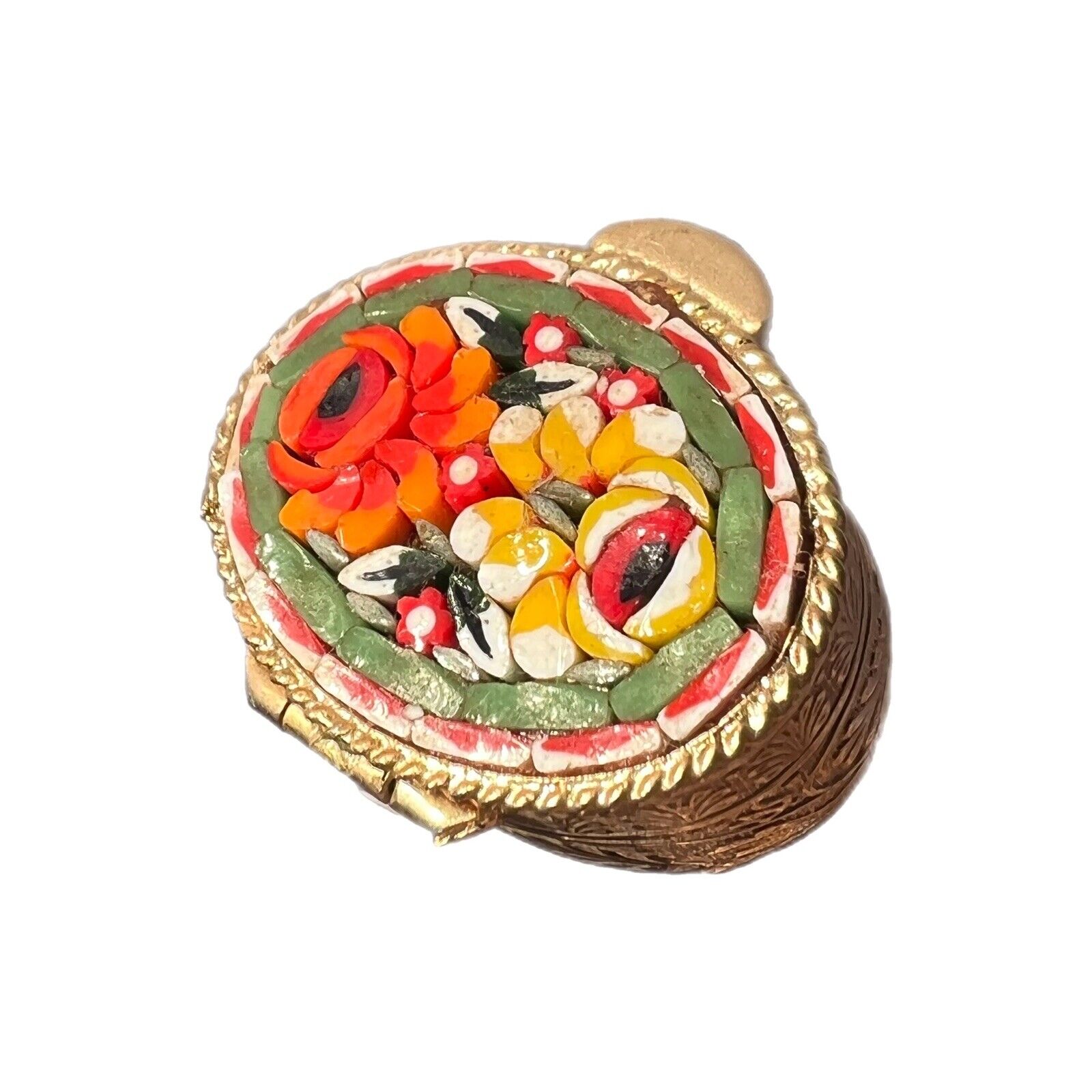 Vintage Italian Micro Mosaic Pill Snuff Box Gold Tone Embossed Metal Flowers