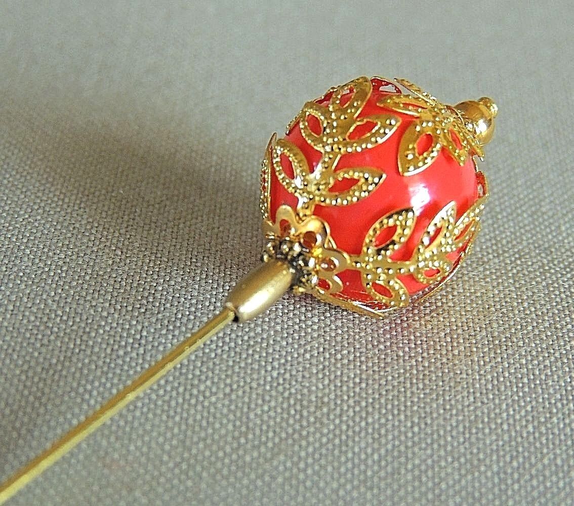 5" Hat-stick-lapel Pin Persimmon Globe Bead Gold Tone Findings Ouh306