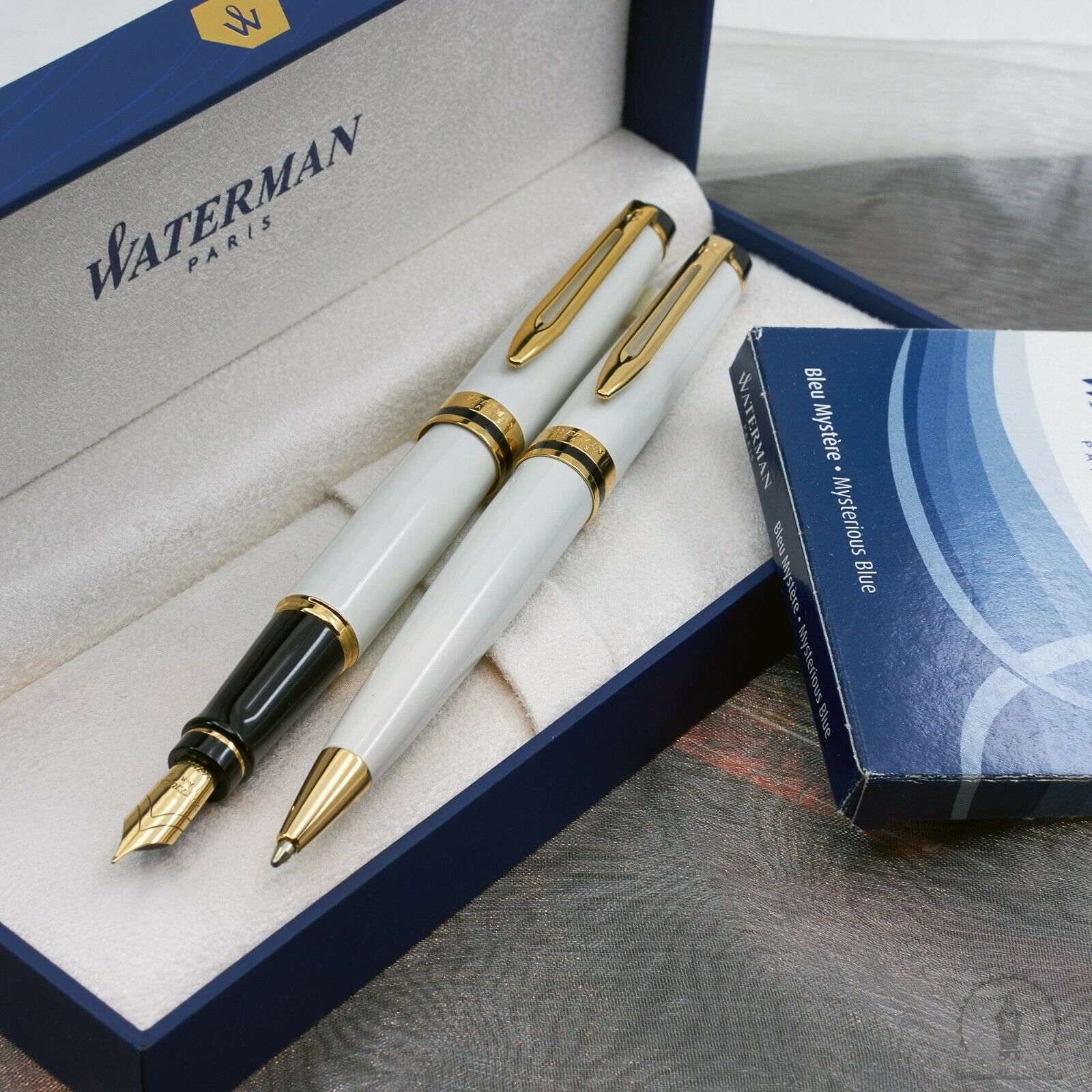 New In Box Waterman Expert Ivory Gt Ballpoint & Fountain Pen 18k-750 Fine Nib