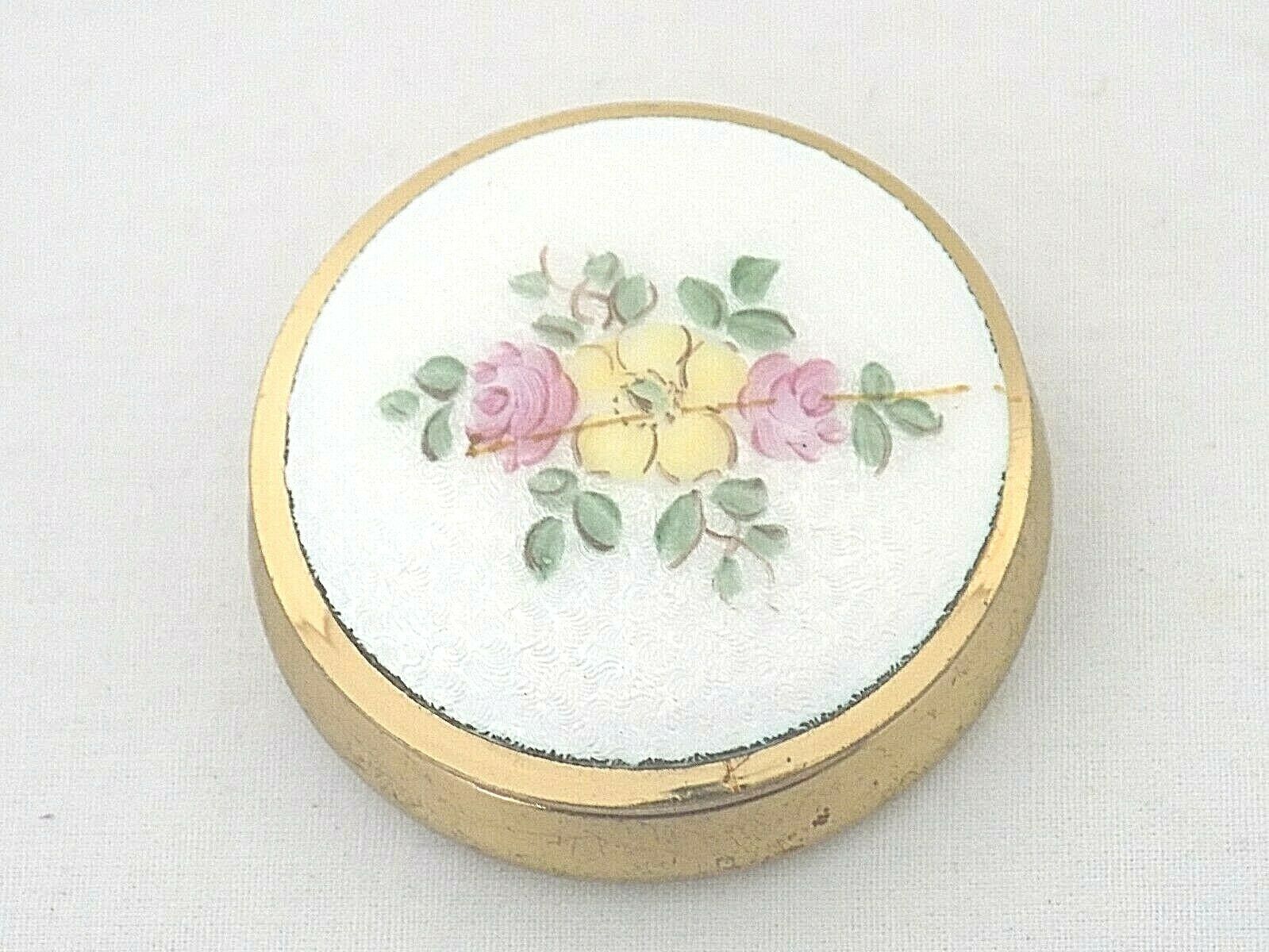 Vintage 1920's-30's Guilloche Enamel Floral Design & Hinged Brass Pill Box