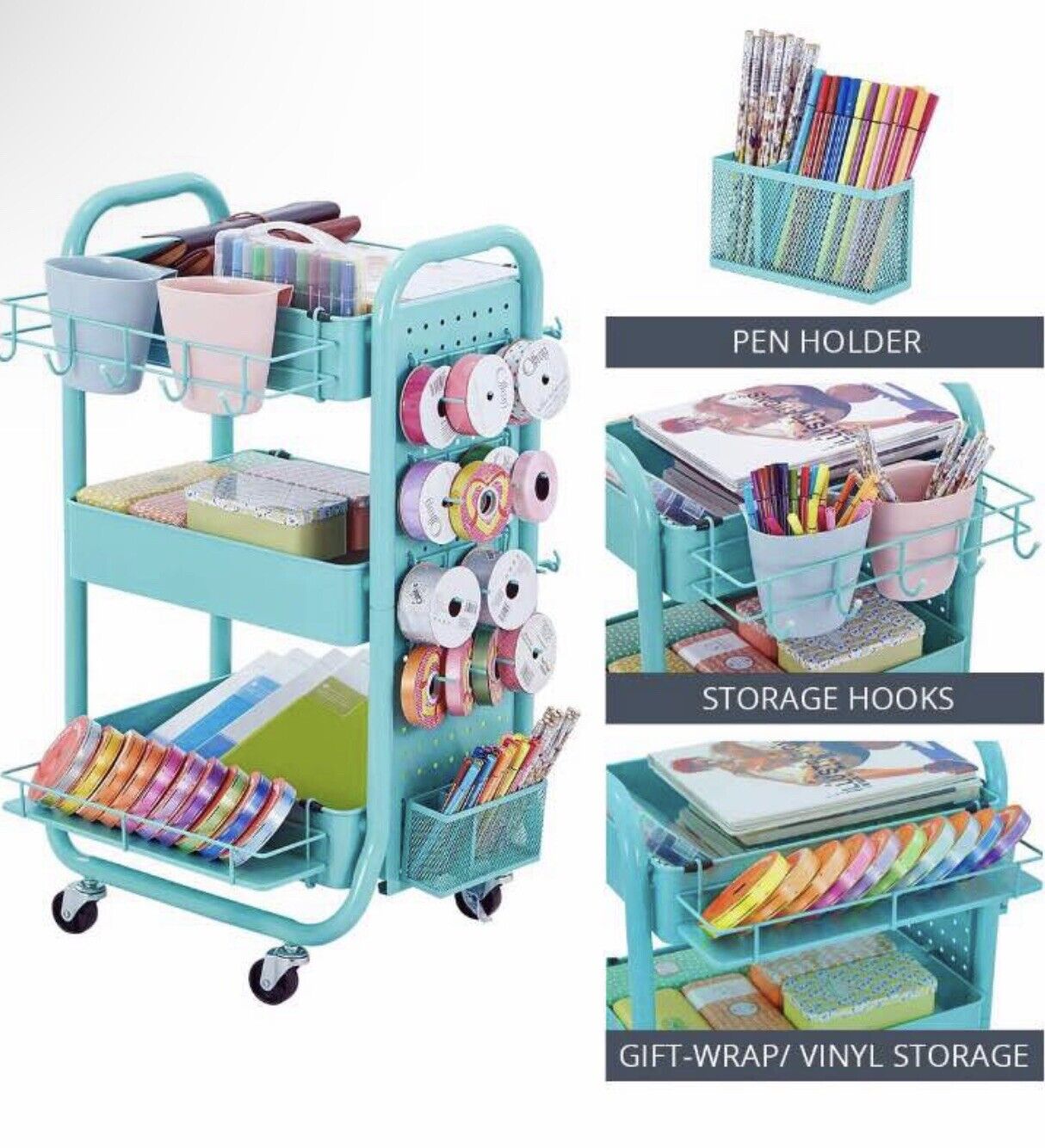 Storage Cart 3-tier Metal Rolling Craft Organizer Arts Crafts Wrapping Tools New