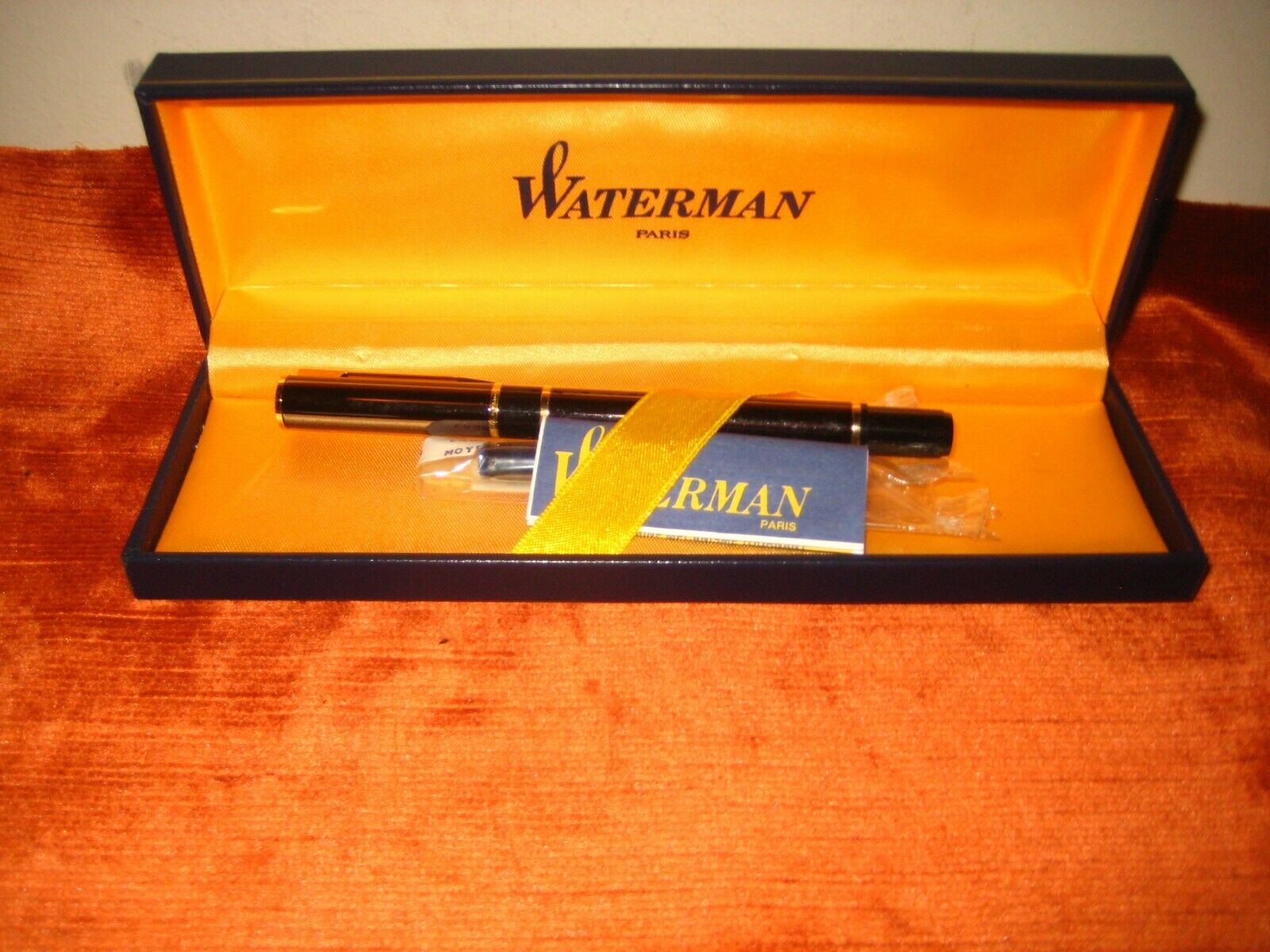 Vtge Waterman Paris Black Fountain Pen In Gold Satin Lined Box W/ Cartridge + Ga