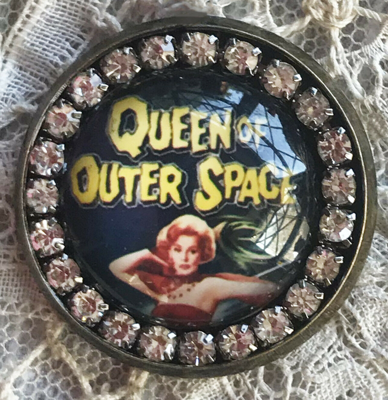 Queen Of Outer Space Glass Rhinestone Brooch Lapel Pin Vintage Sci Fi Movie