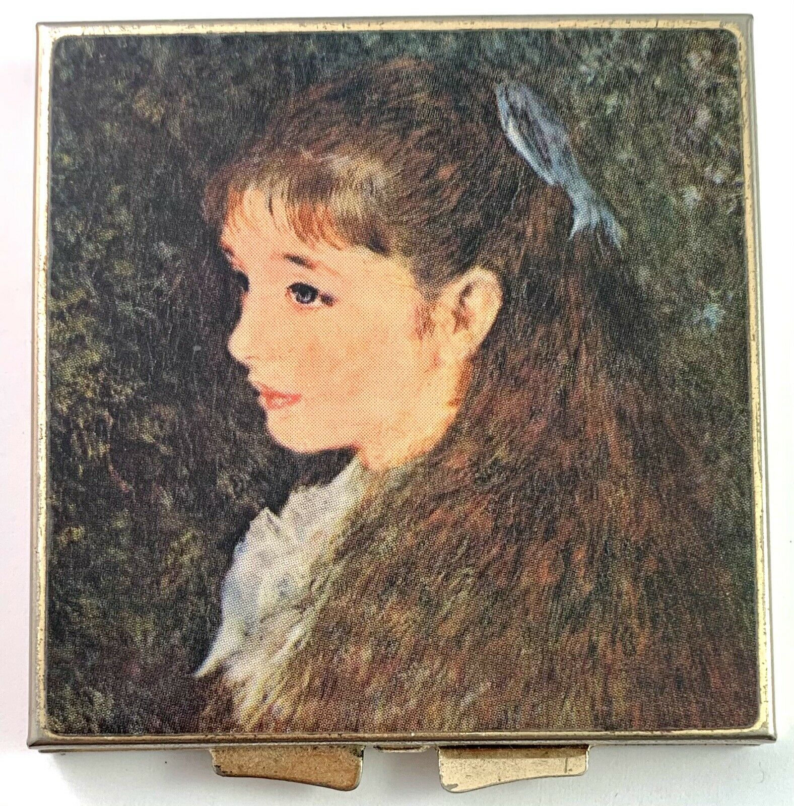 Vintage Pill Box Compact Artist Renoir Painting Of Girl Little Irene Blue Ribbon
