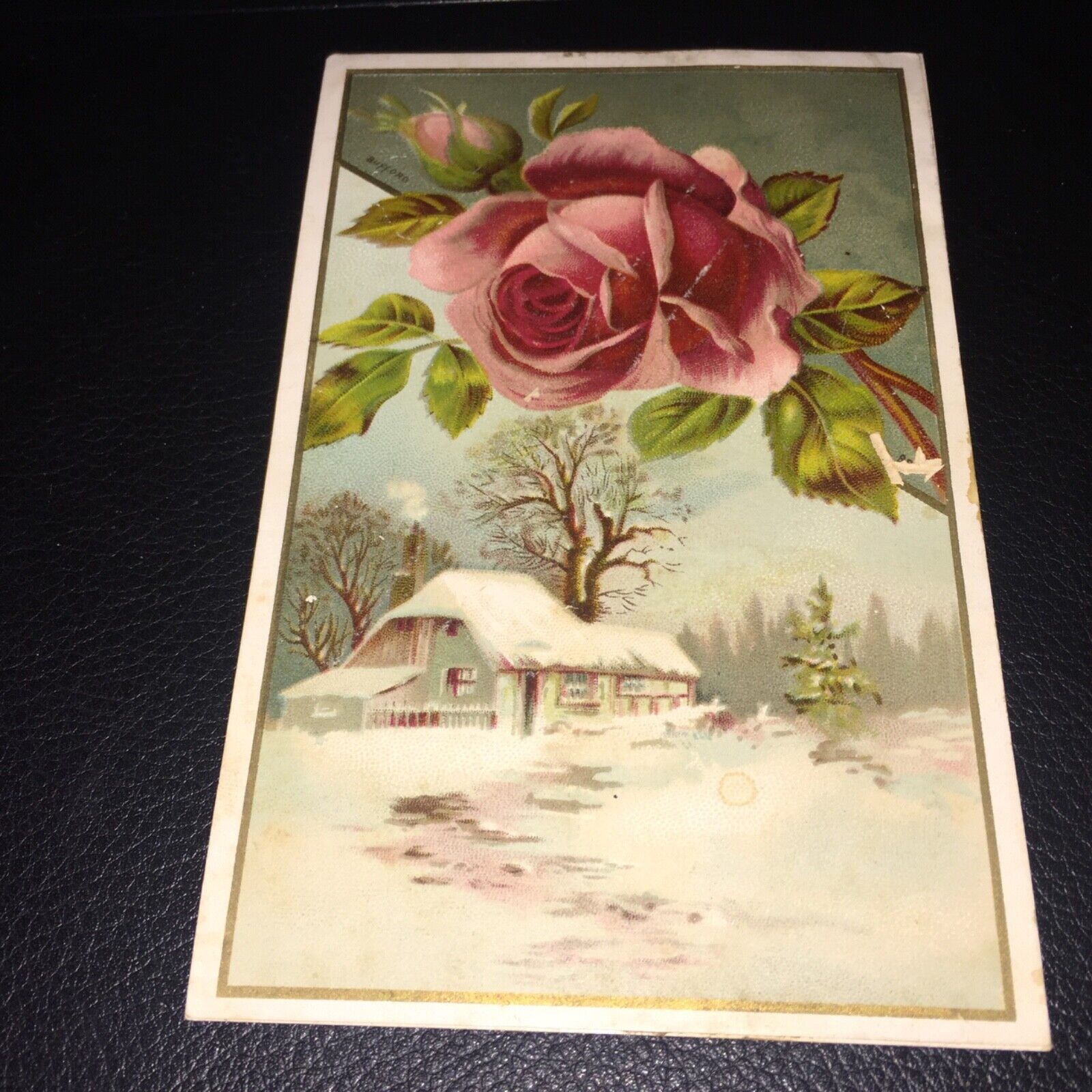 Vintage 1880’s Victorian Red Rose Over A House In The Winter Card