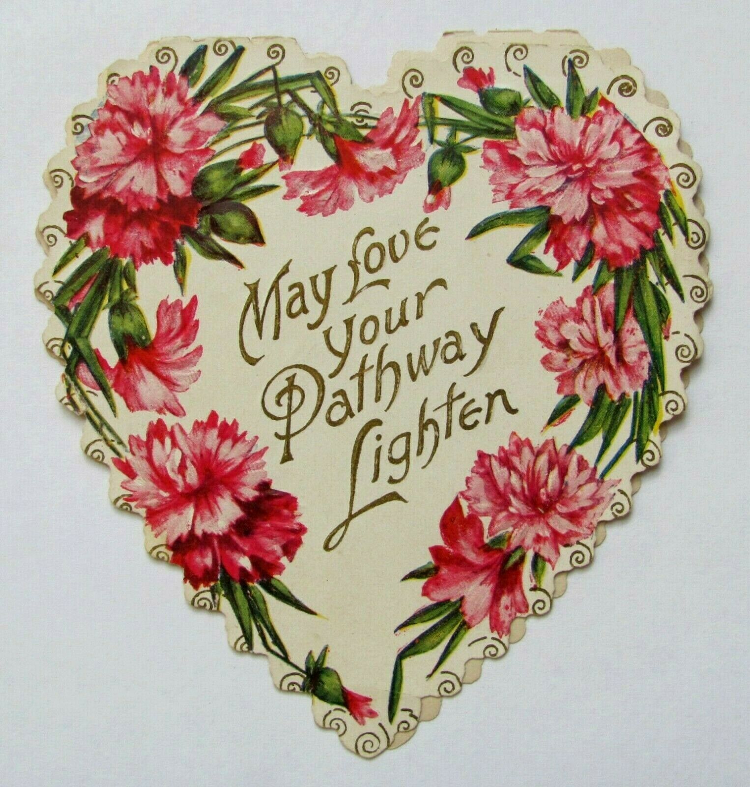 Victorian Holiday Card: Valentine - Die-cut Heart With Pink & Red Carnations