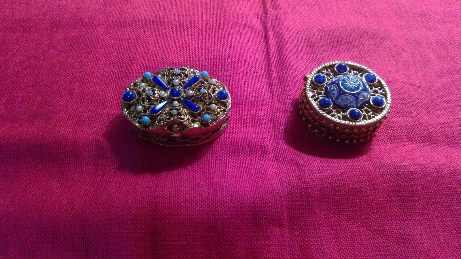Vintage Filigree Gold Pill Boxes - Set Of 2 - Oval W/blue Stones / Round W/blue