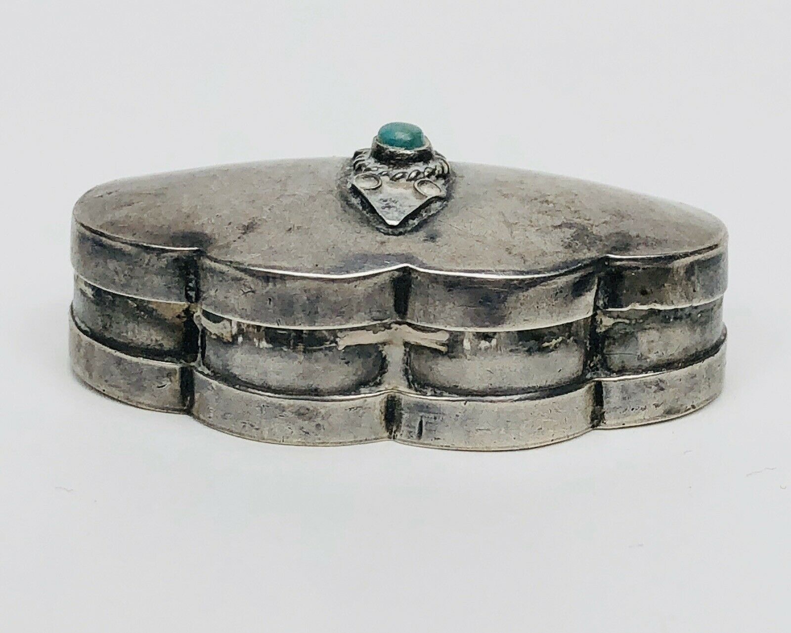 Vintage Signed Mexico Sterling Silver Turquoise Snuff Pill Box