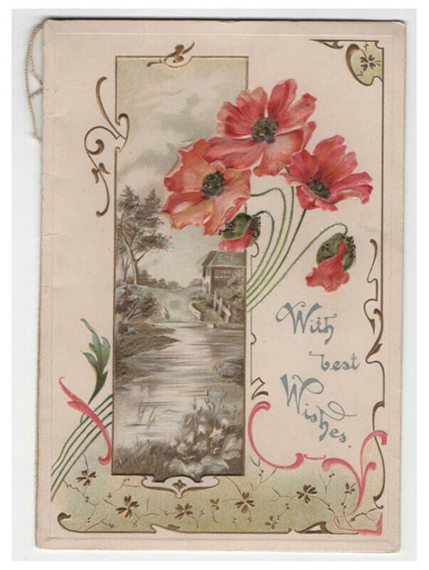 Victorian Greeting Card, With Best Wishes, Country Stream, Pretty Flowers, Cupid