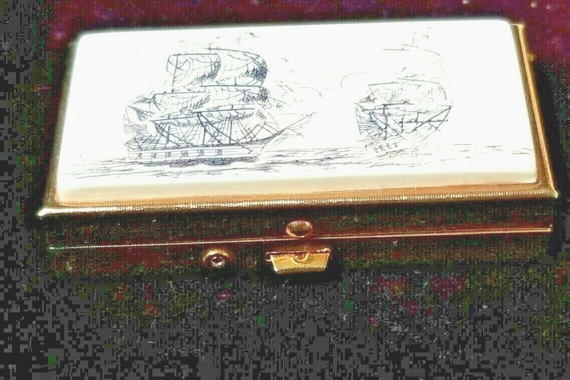 Vntg Hinged Brass Pill Snuff Box Faux Scrimshaw Clipper Ship Top 2 1/8 X1 1.8"