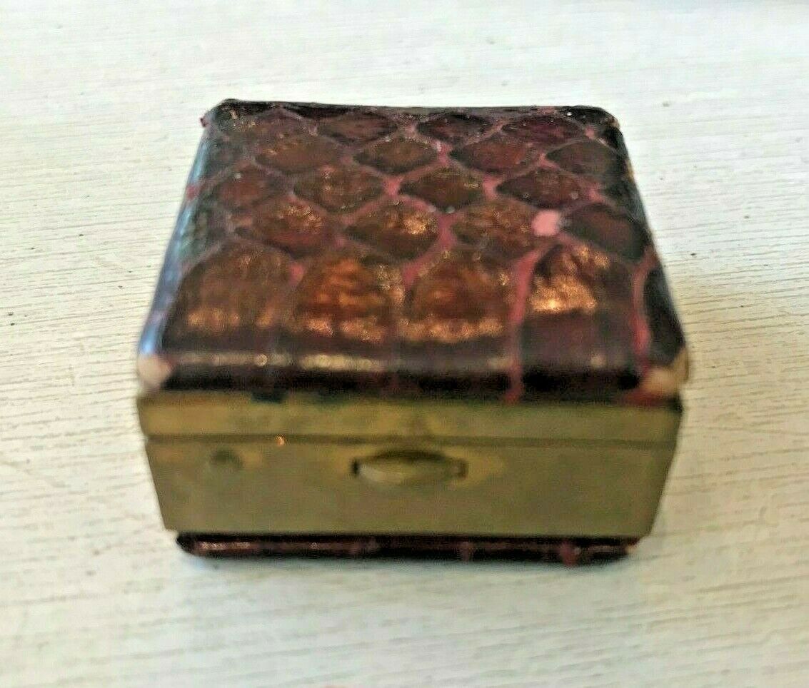 Vintage Mini/miniature Burgundy Red Snakeskin Pill Box W/brass Interior/edge