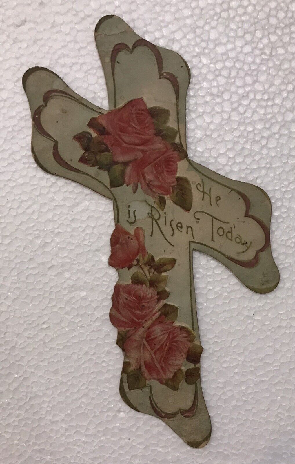 Antique Victorian Embossed Die Cut Easter Cross Card Pink Roses 3.5” X 6.5”