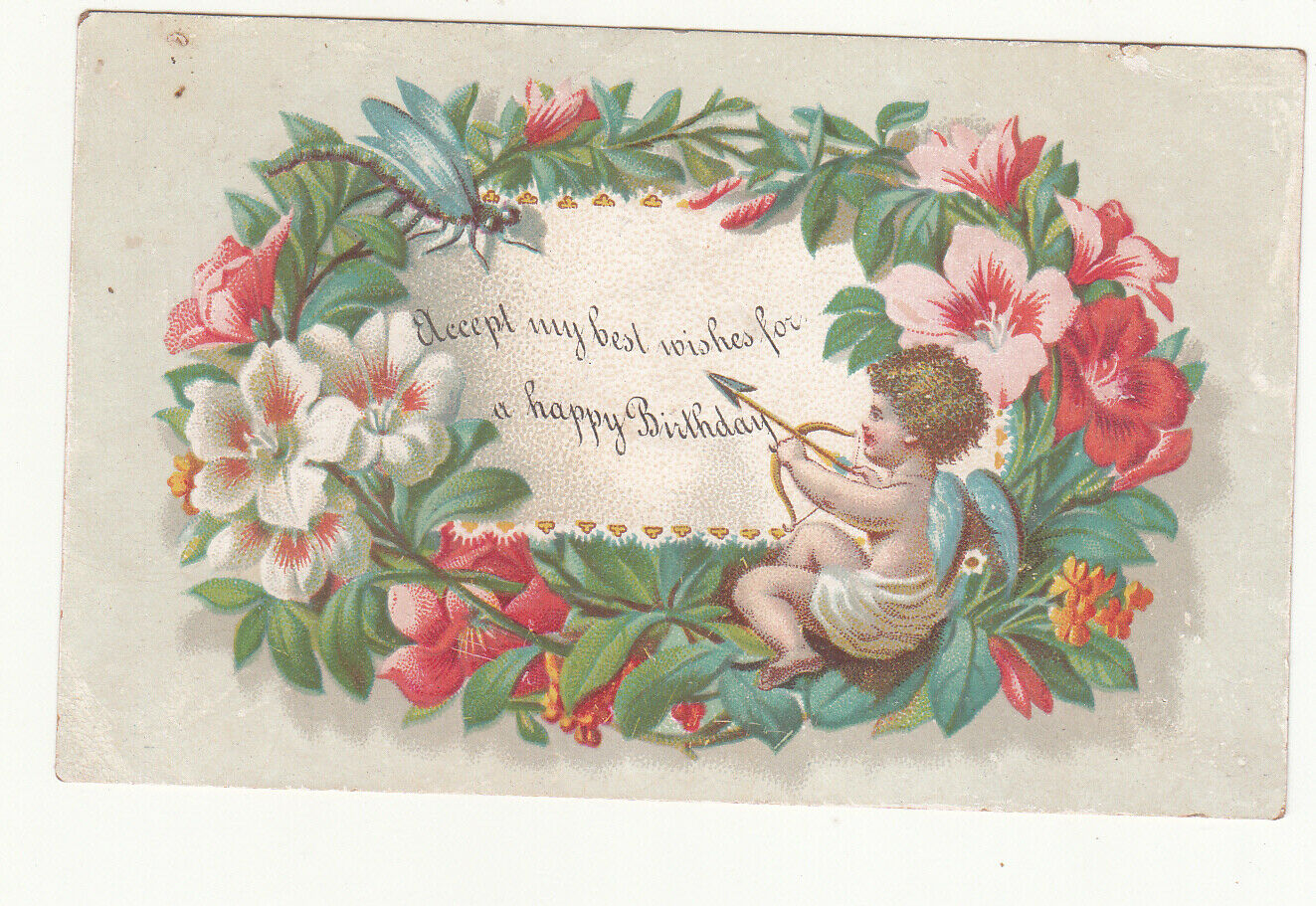 Accept My Best Wishes For A Happy Birthday Cupid Flowers Vict Card C1880s