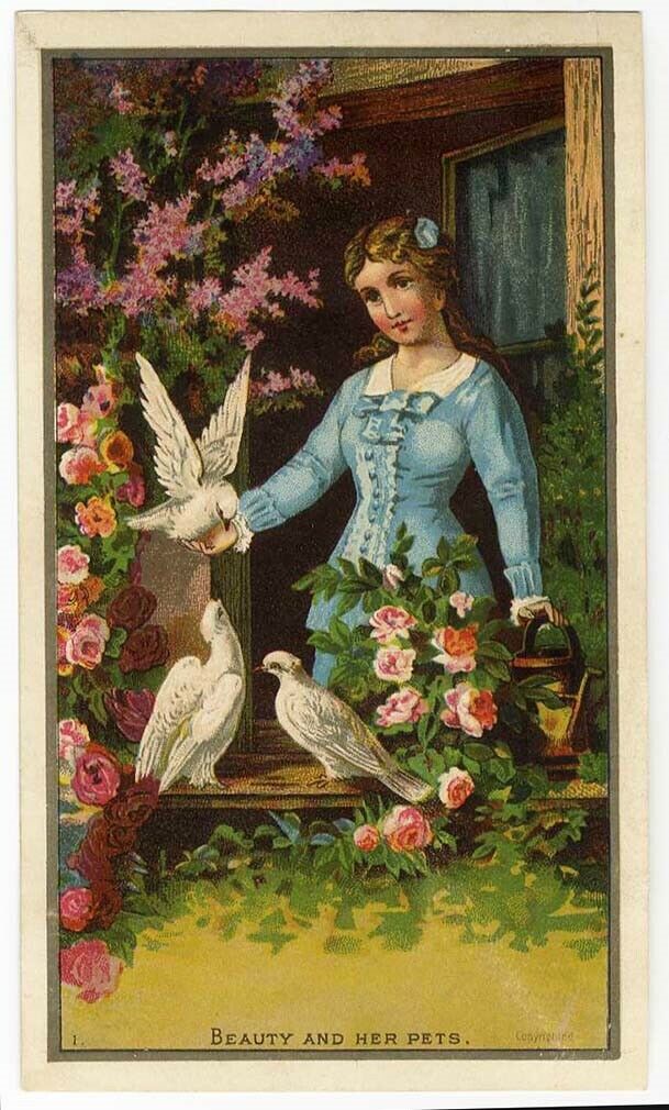 Victorian Woman Feeding Doves Window Roses Card 1880's Beauty & Her Pets