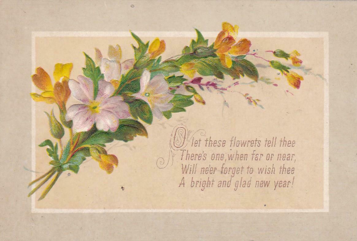 Small Sized Embossed Victorian New Year Card Spray Of Flowers 4 X 2.75 X