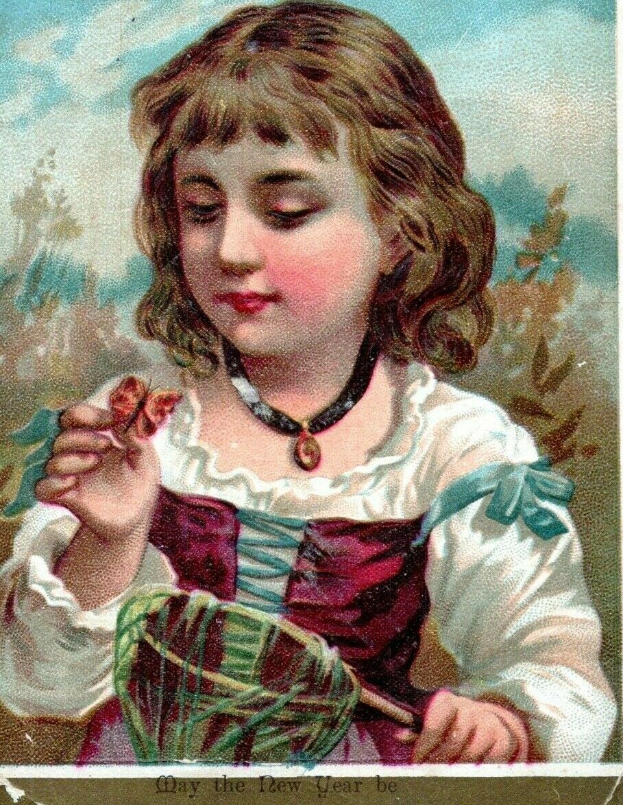 1880's Victorian New Years Greetings Card Young Girl Catching Butterfly In Net
