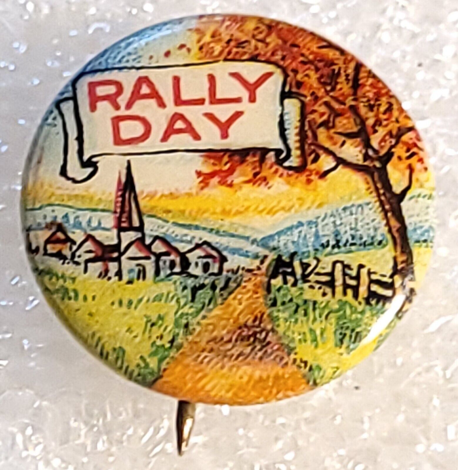 Beautifully Colored Antique Rally Day Pinback Button W Village Tree Dirt Road
