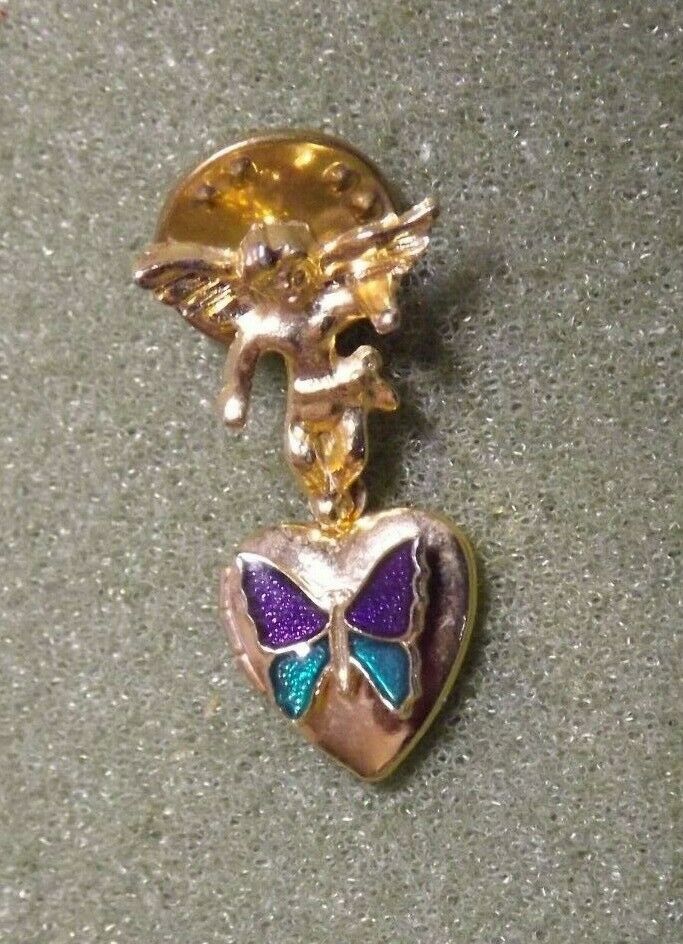 Guardian Angel With Butterfly Heart Shaped Picture Locket Dangle Lapel Pin