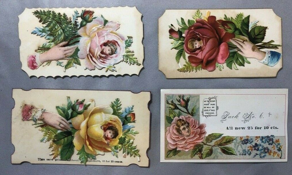 4 1880s Flower Face Victorian Salesman Sample Calling Card Antique Die Cut Scrap