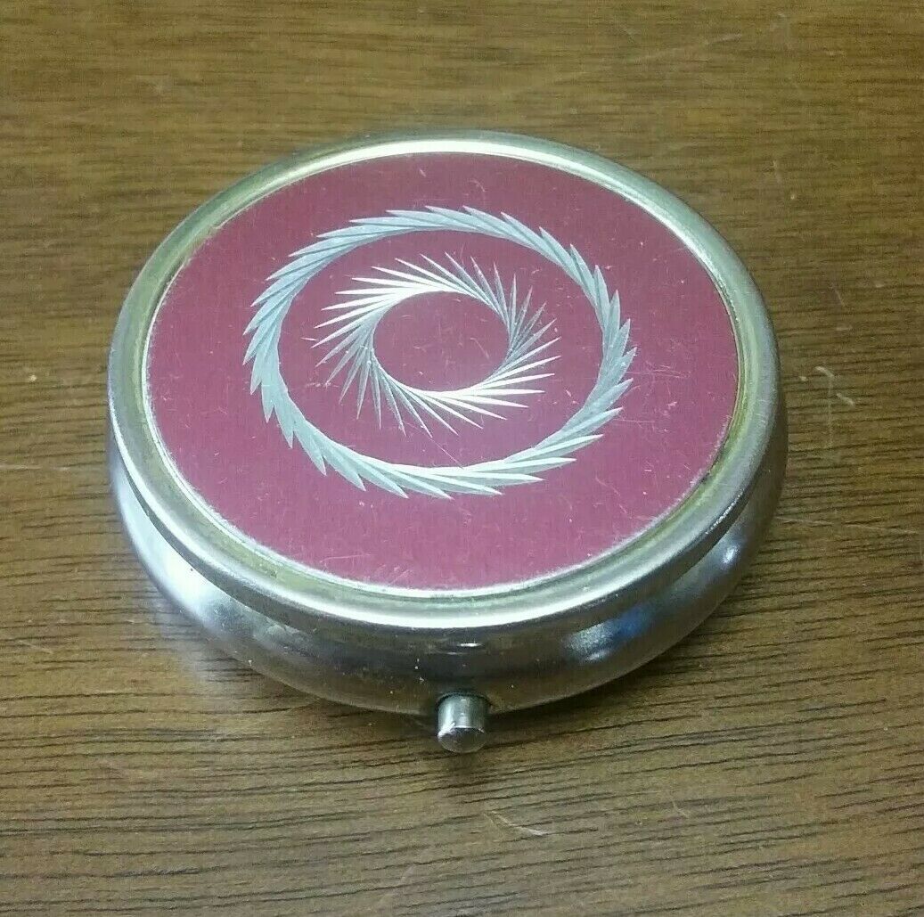 Vintage Metal Pill Box - Pink Etched Top