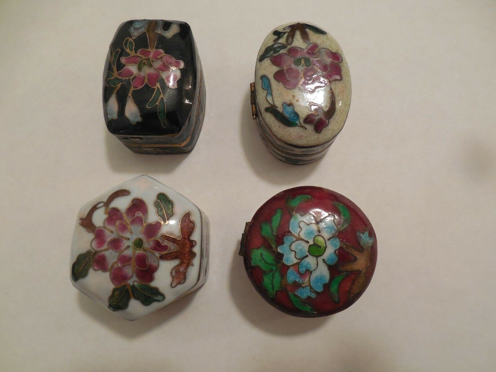 Vintage Pill Boxes, Cloisonne Florals, 4 Pieces