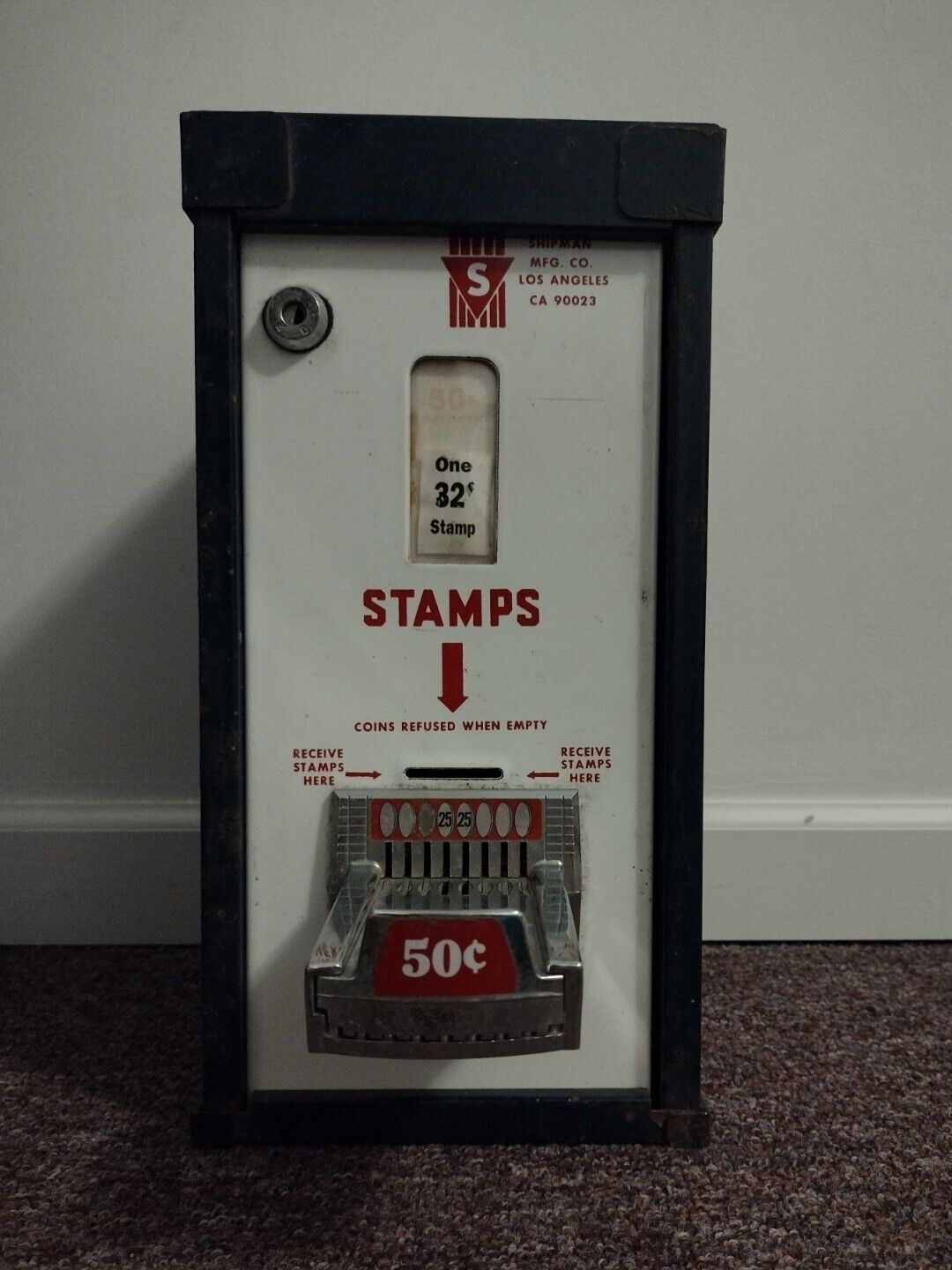 Vtg Shipman Postage Stamp Vending Slot  Machine Los Angeles 50 Cent Usa No Key