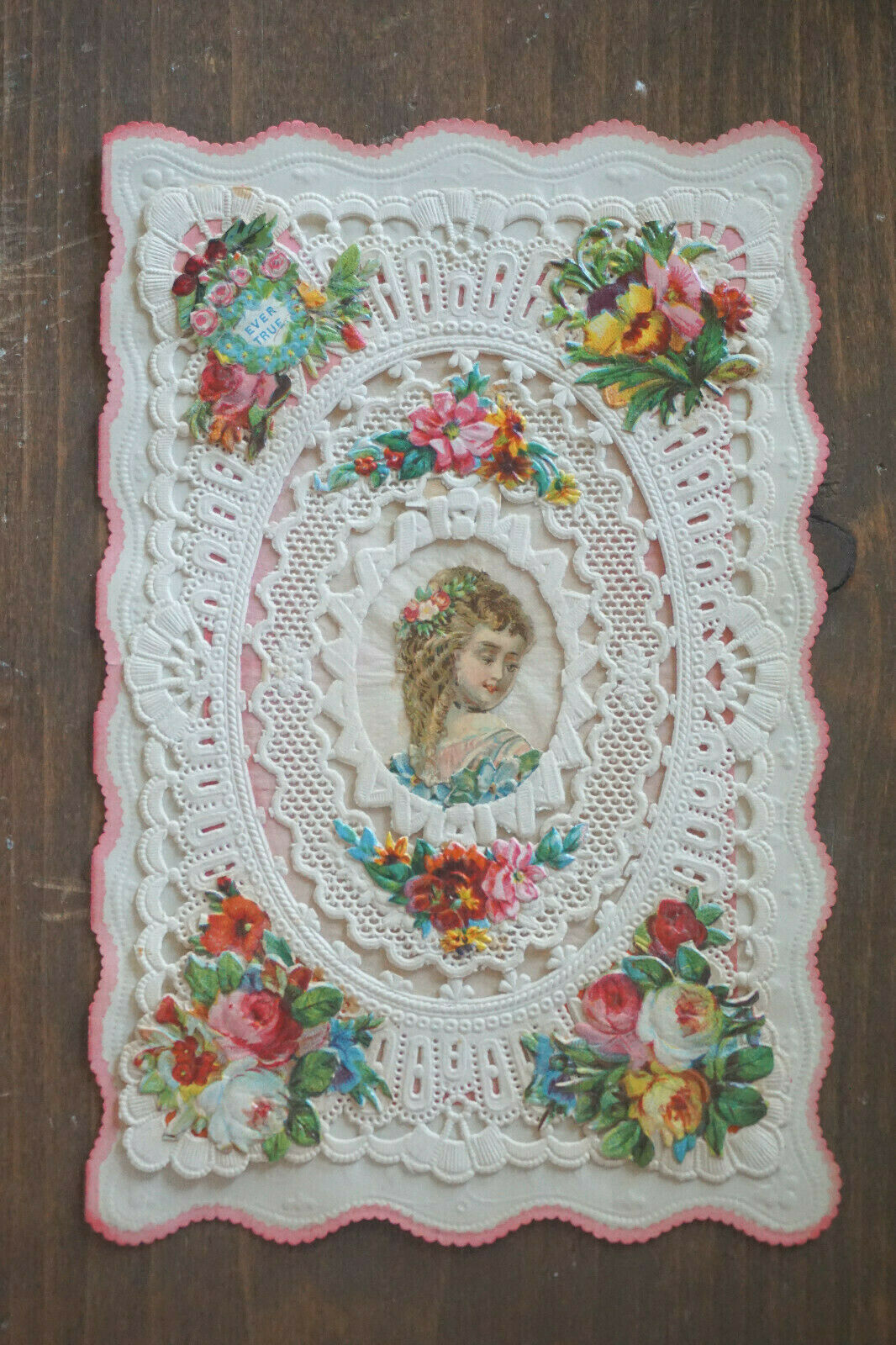 Antique Victorian Embossed Paper Lace Whitney 1870s Hand Tinted Greeting Card