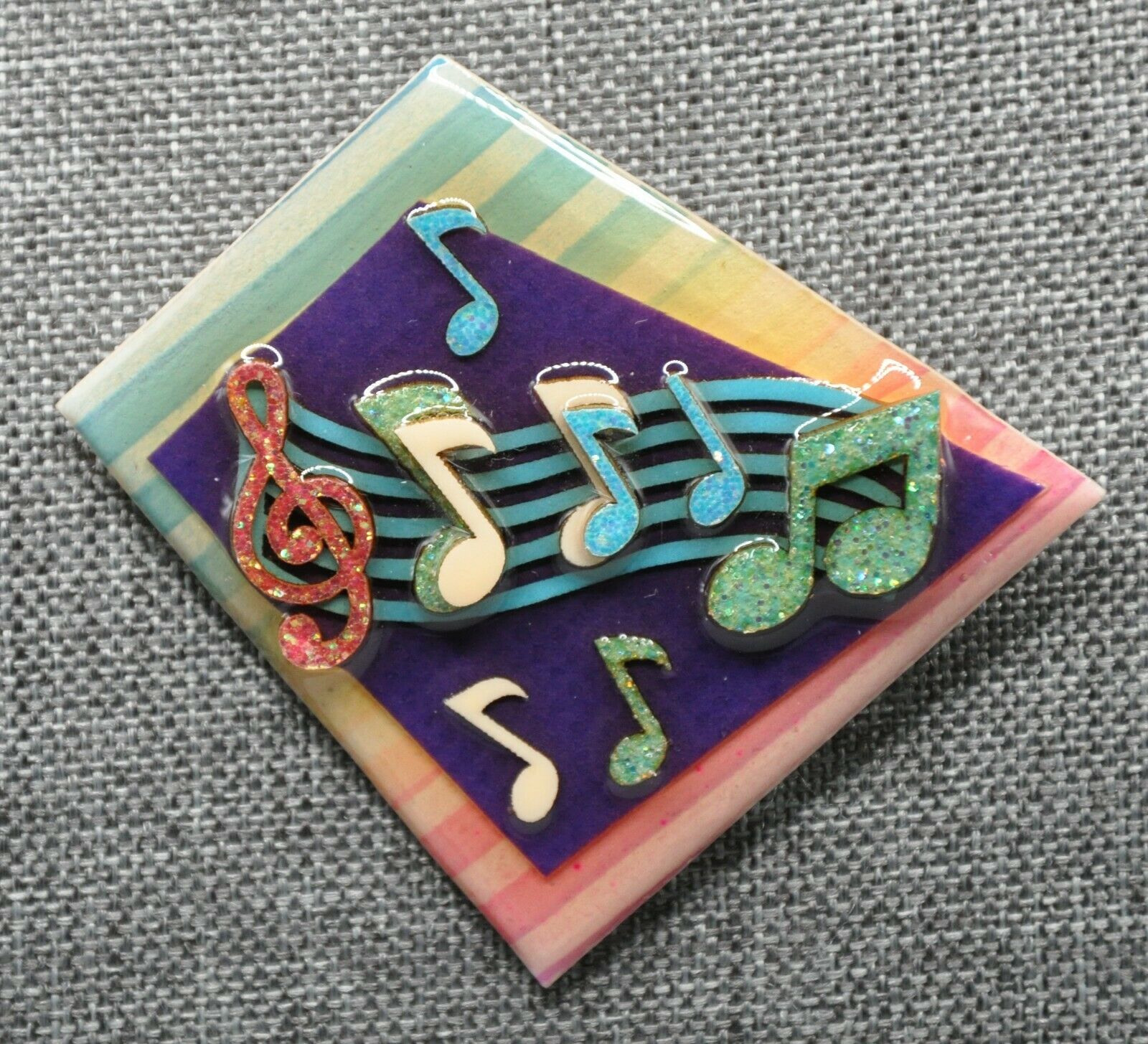 Music Pins By Lucinda Pin W/ Treble Clef, Staff, Notes Rainbow Color Background