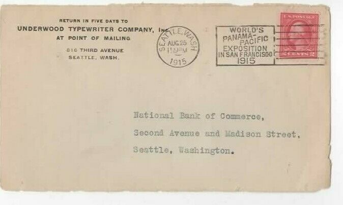 Vintage, Underwood Typewriter Company, Mailing Envelope Front (postmarked 1915)