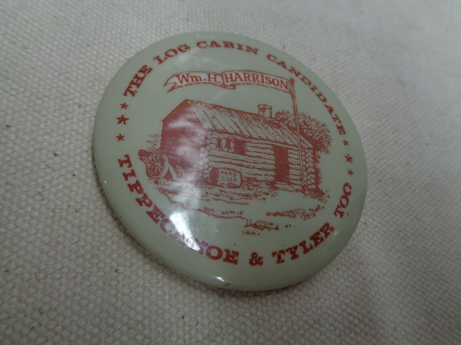1967 Log Cabin Pin Back Button Wm. H. Harrison Political Cause Vintage Old Used