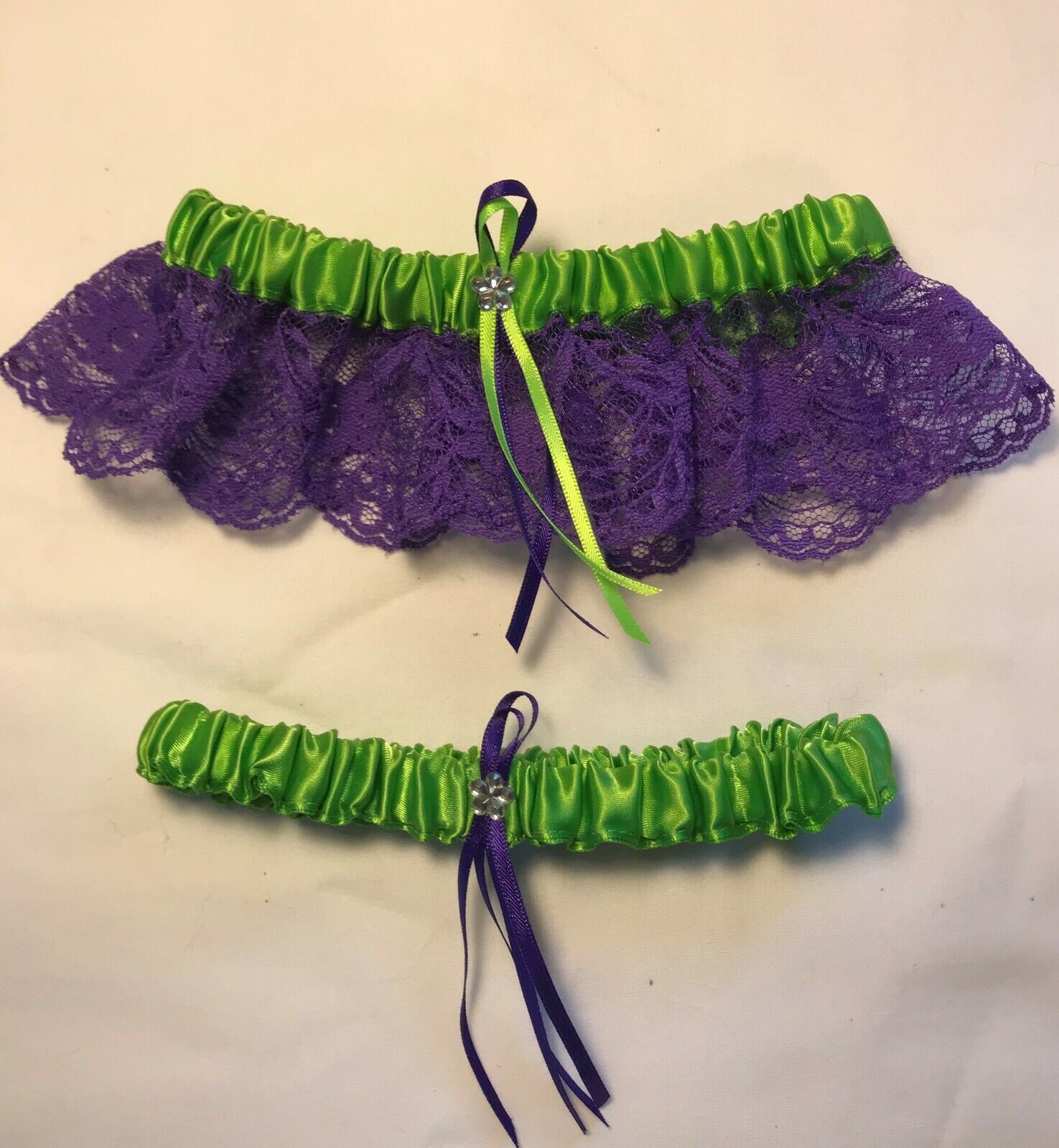 Apple Green Satin / Purple Lace - Wedding Garter Set  1 To Keep / 1 To Toss