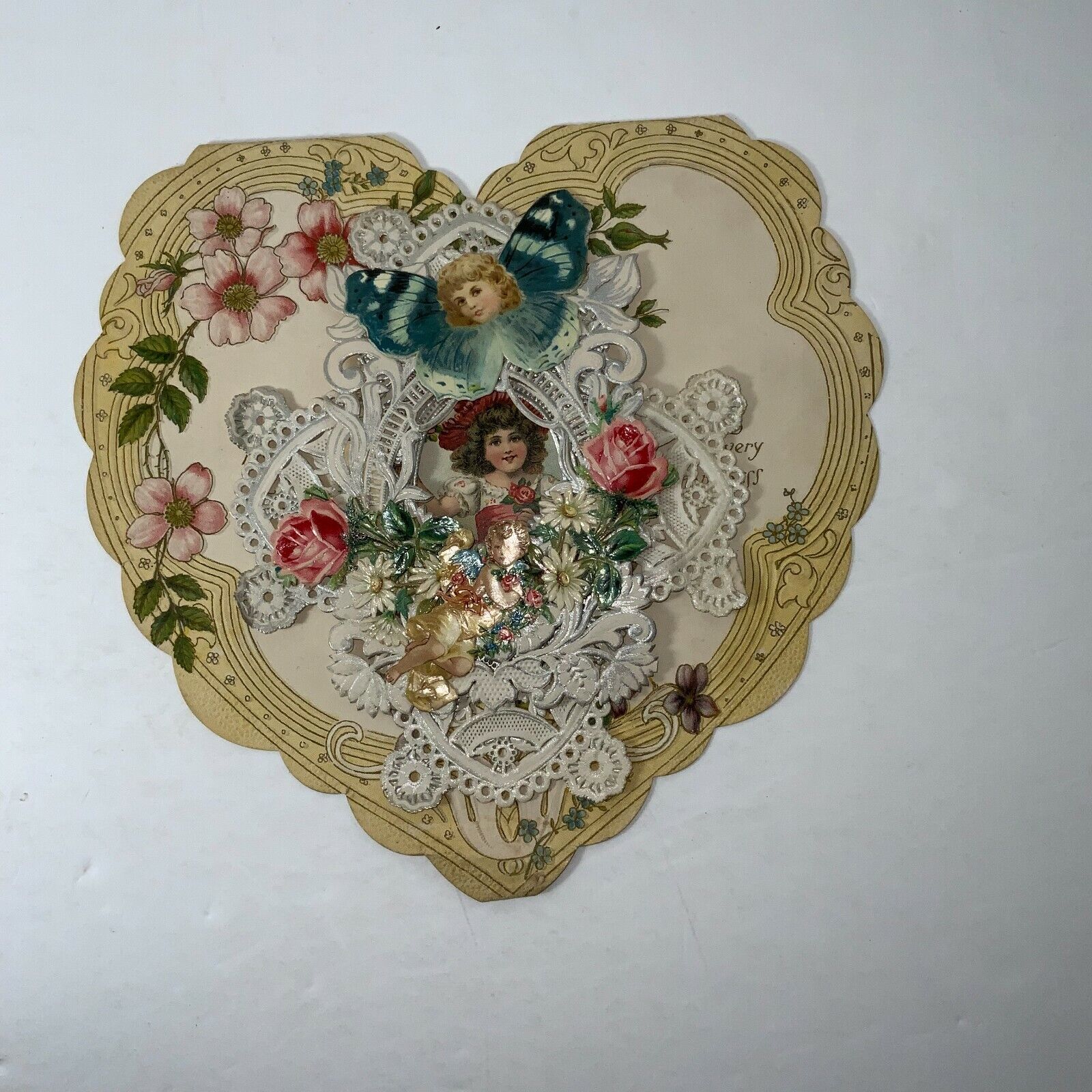 Antique Victorian Heart Card Die Cut Embossed Lace Flowers Ephemera Paper