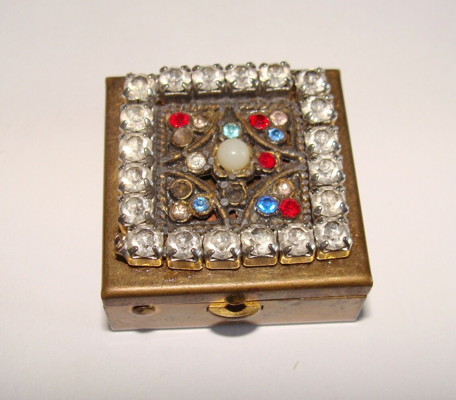 Vintage Small Goldtone Trinket Pill Box Rhinestones Faux Gemstones 1.25" X 1.25