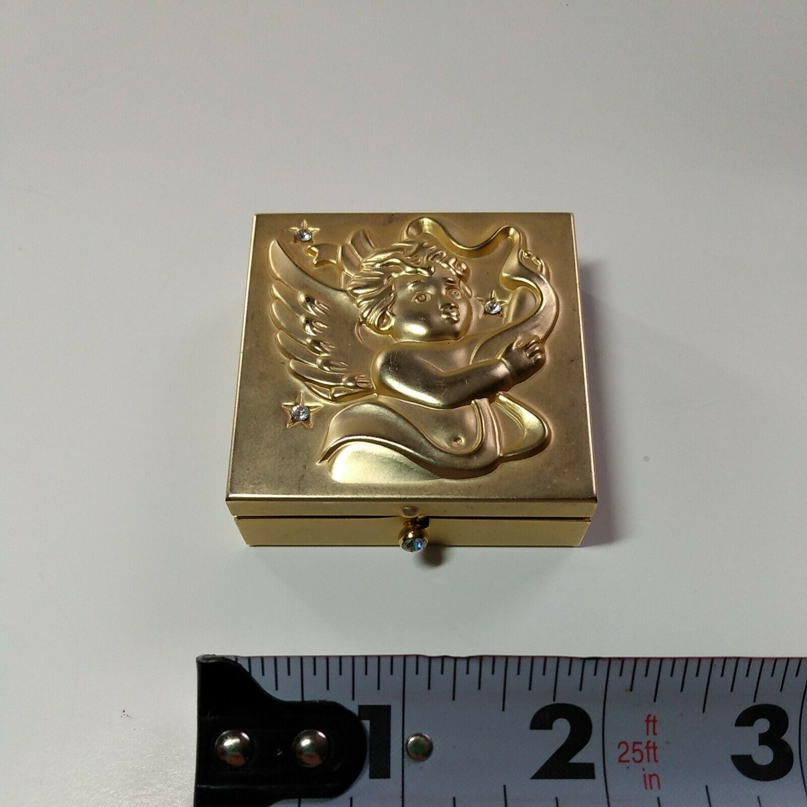 Pill Box -compact For Purse Cherub/angel Design With Rhinestones From Avon Gold